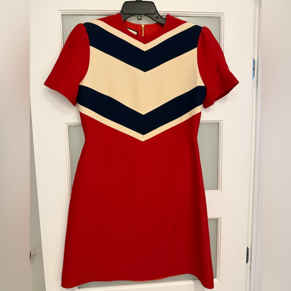 Gucci Red Navy Cream Chevron Mini Dress